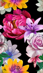 floral illustration - bouquet with bright pink vivid flowers, green leaves, for wedding stationary, greetings, wallpapers, fashion, backgrounds, textures, DIY, wrappers, cards. - İllüstrasyon