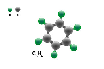 Chemistry model molecule benzene C6H6 scientific element formula. Integrated particles natural inorganic 3d benzol molecular structure compound. Six carbon and hydrogen volume atom vector spheres