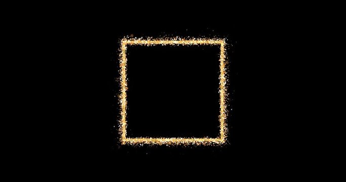 Golden frame. An empty square emits shiny particles of glitter on a black background. Element for celebratory composition. Looping 3D animation