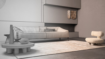 Architect interior designer concept: unfinished project that becomes real, elegant living room with fireplace. Sofa with pillows, carpet, armchair, side tables. Modern interior design