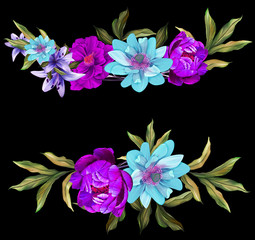 floral illustration - bouquet with bright pink vivid flowers, green leaves, for wedding stationary, greetings, wallpapers, fashion, backgrounds, textures, DIY, wrappers, cards. - İllüstrasyon