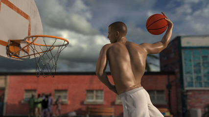 Side close up view of right hand dunk in street ball basketball game 3d render