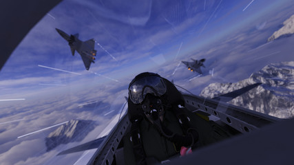 Two chinese jet flying over pilot in cockpit 3d render dogfight scene © bekirevren