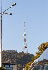 TV tower stands on a high hill in Tbilisi city in Georgia