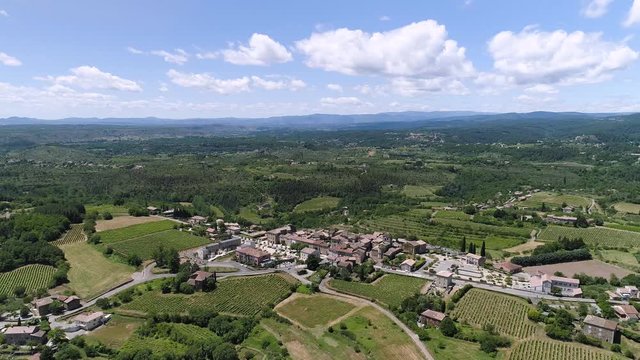 Aerial shot of Vinezac,  a typical French village in Ard&egrave;che with a nice vineyard.