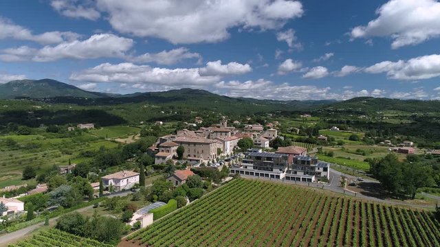 Aerial shot of Vinezac,  a typical French village in Ard&egrave;che with a nice vineyard.