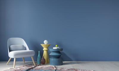 Blue interior with armchair and colored tables