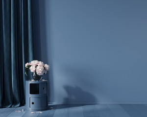 Blue monochrome interior with flowers on a stylish nightstand - obrazy, fototapety, plakaty