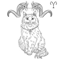Zodiac. Vector illustration of the astrological sign of Aries as a sitting cat breed Laperm. Line art template suitable for coloring book page. Print isolated on white background