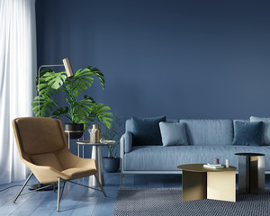 Living room with blue sofa and yellow  armchair - obrazy, fototapety, plakaty