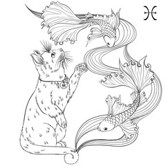 Zodiac. Vector illustration of the astrological sign of Pisces as a cat standing on two hind legs. Line art template suitable for coloring book page. Print isolated on white background