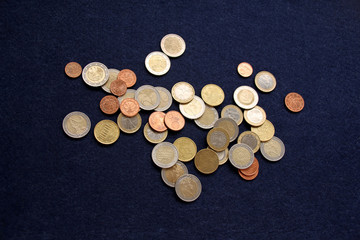 metal euro currency coins eu on blue fabric background