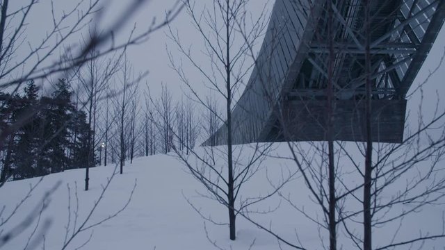 Snow-fall at Holmenkollen by night. Slow-motion in the forest. Cold atmosphere