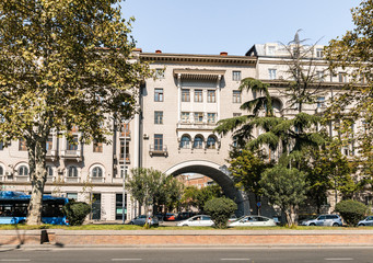 The old building stands on one of the central streets - Nikoloz Baratashvili St in Tbilisi city in Georgia