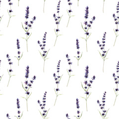 Naklejki  Lawenda akwarela bezszwowe wzór. Ręcznie malowane fioletowe kwiaty, gałęzie i liście na białym tle na białym tle. Ilustracja wiosna do projektowania, drukowania, tkaniny lub tła. Wzór wakacje.