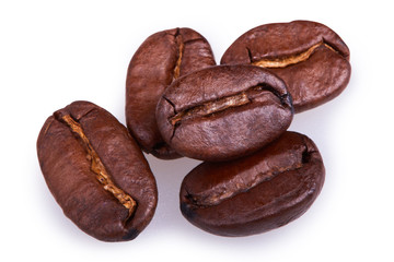 Roasted coffee beans isolated in white background with clipping path