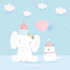 the sweet couple of animal is on the floor.adorable elephant has cup cake on her head.the cat is wearing party hat.they smile to each other.kitten take a ballon for birthday celebration.