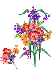floral illustration - bouquet with bright pink vivid flowers, green leaves, for wedding stationary, greetings, wallpapers, fashion, backgrounds, textures, DIY, wrappers, cards.