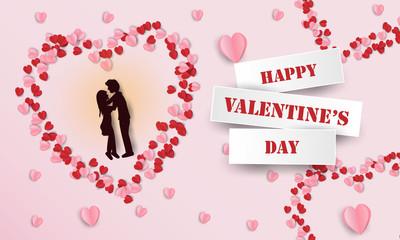 Illustration of valentine day greeting card. Couples stand in heart with decoration. Paper art and craft style.