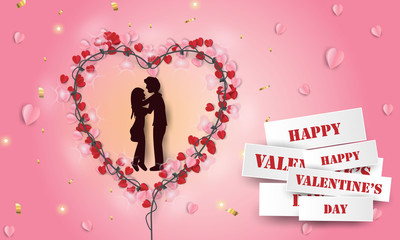 Illustration of valentine day greeting card. Couples stand in heart with decoration. Paper art and craft style.