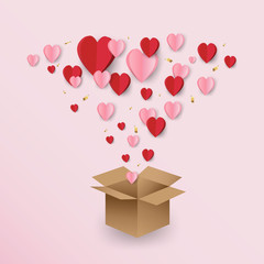 Illustration of valentine day greeting card. Hearts paper flying with gift box on pink background for Happy Mother's, Valentine's 