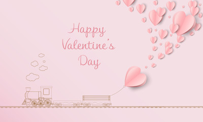 Illustration of valentine day greeting card. Train and heart on pink background.  Paper art and craft style.