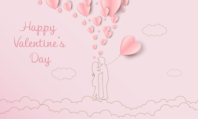 Illustration of valentine day greeting card. Couples in love stand on cloud with heart shapes. Paper art and digital art style.