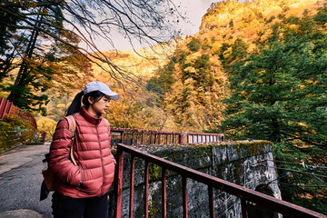 Asian woman is looking at view of Kurobe gorge, Toyama, Japan.