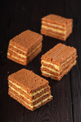 Sliced russian honey cake with cream cheese on rustic wooden background