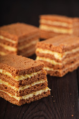 Sliced russian honey cake with cream cheese on rustic wooden background