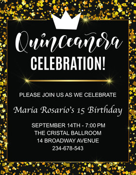 Quinceanera party flyer. Teenager girl birthday celebration calligraphy. Vector stock illustration. 