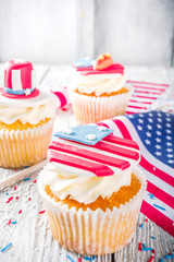 Independence Day July 4 congratulations background. Veterans Day. American Constitution holiday. USA American tradition greeting card. Patriotic home cupcakes with americas symbols decor