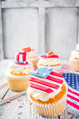 Independence Day July 4 congratulations background. Veterans Day. American Constitution holiday. USA American tradition greeting card. Patriotic home cupcakes with americas symbols decor