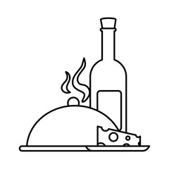 bottle wine with piece of cheese and tray server on white background