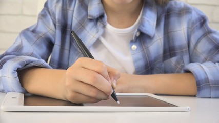 Kid Writing on Tablet, Child Studying, Teenager Girl Learning for School Class, Thoughtful, Pensive Student, Schoolgirl Doing Math Exercises, Children Education 