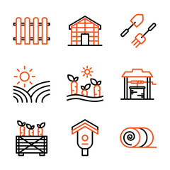 Agriculture icon set outline style including fence, barrier, picket, wooden, glass house, building, hydroponic, farming, garden, agriculture, plantation, farm, carrot, farmer, water, box, birdhouse
