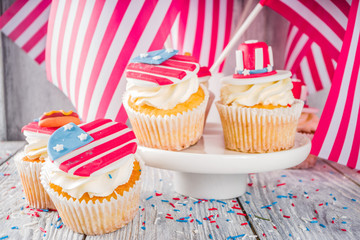 Independence Day July 4 congratulations background. Veterans Day. American Constitution holiday. USA American tradition greeting card. Patriotic home cupcakes with americas symbols decor