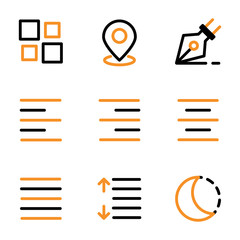 Basic user interface icon set outline include mouse, pointer, cursor, click, alarm, timer, clock, reminder, menu, interface, dashboard, layout,map,pin,direction,draw,pen,graphic,art,hamburger