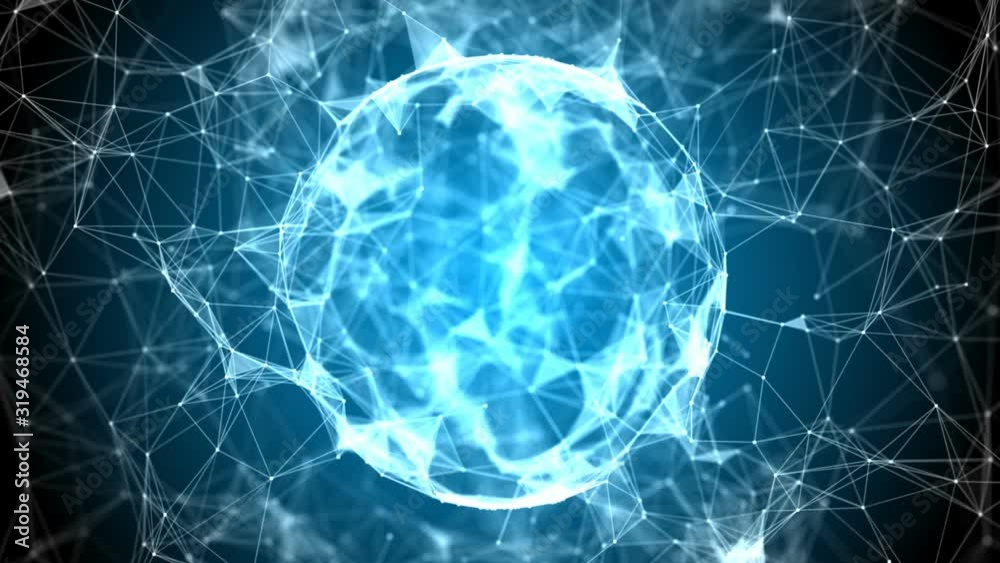 Poster Abstract animated blue energy orb with lines and dots structure evolving around. Generic technology, science and engineering motion graphic. Depth of field settings. 3D rendering