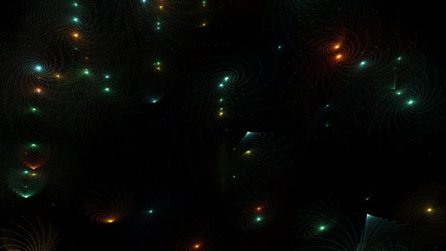 Glowing geometric celestial patterns evolve and fall then fade to black