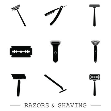 Razor vector black icon set. collection of 9 razor outline icons. editable razor icons for web and mobile. shaving. Shaver blade razor simple