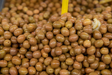 fresh green olives in the market 