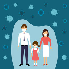 Family members wearing medical mask to protect themselves from corona virus concept vector illustration.