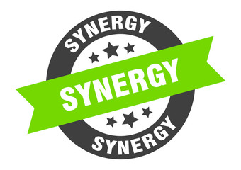 synergy sign. synergy round ribbon sticker. synergy tag