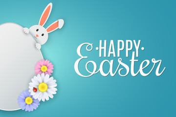 Easter cover. Cute cartoon rabbit and egg. Spring flowers with ladybug. Greeting card. Egg hunt. Vector illustration
