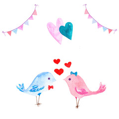 Watercolor mini set of elements for Valentine's day. Love birds.