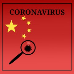 On the red background of the star of the flag of China-also the word coronavirus and a magnifying glass, under which you can see the virus, copy space for text.