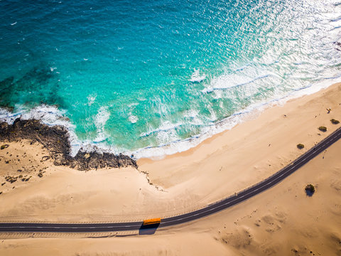Directly above bus road and beach at Corralejo sand dunes, Fuerteventura, Canary
