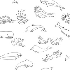 Nautica seamless pattern with sea animals and waves