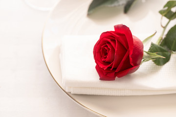 Close up of red rose on white porcelain plate for celebration special moments Saint Valentines day, anniversary o birthday .